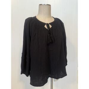 Wonderly Blouse Womens Large Black Gauze Peasant Top Long Sleeve Boho Tassel Tie